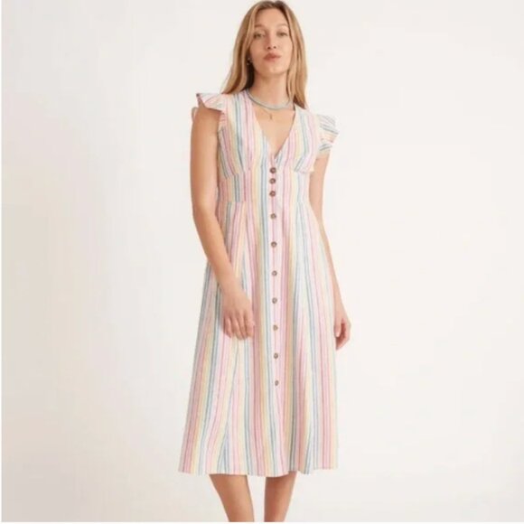 Marine Layer Camila Rainbow Stripe Button Front Midi Hemp Shirt Dress Large - Picture 1 of 7